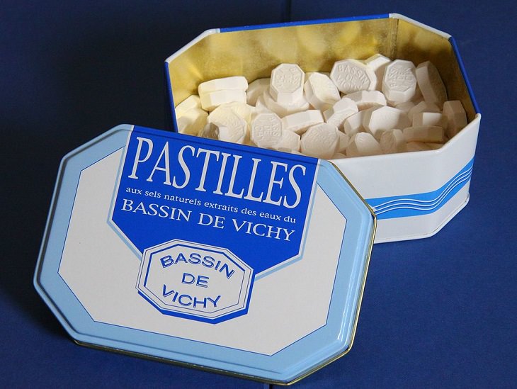 candies, sweets, chocolates and confectioneries from around the world with unique flavors and ingredients, Vichy Pastilles, a white tablet-like French confectionery flavored with sugar, mint, lemon and aniseed