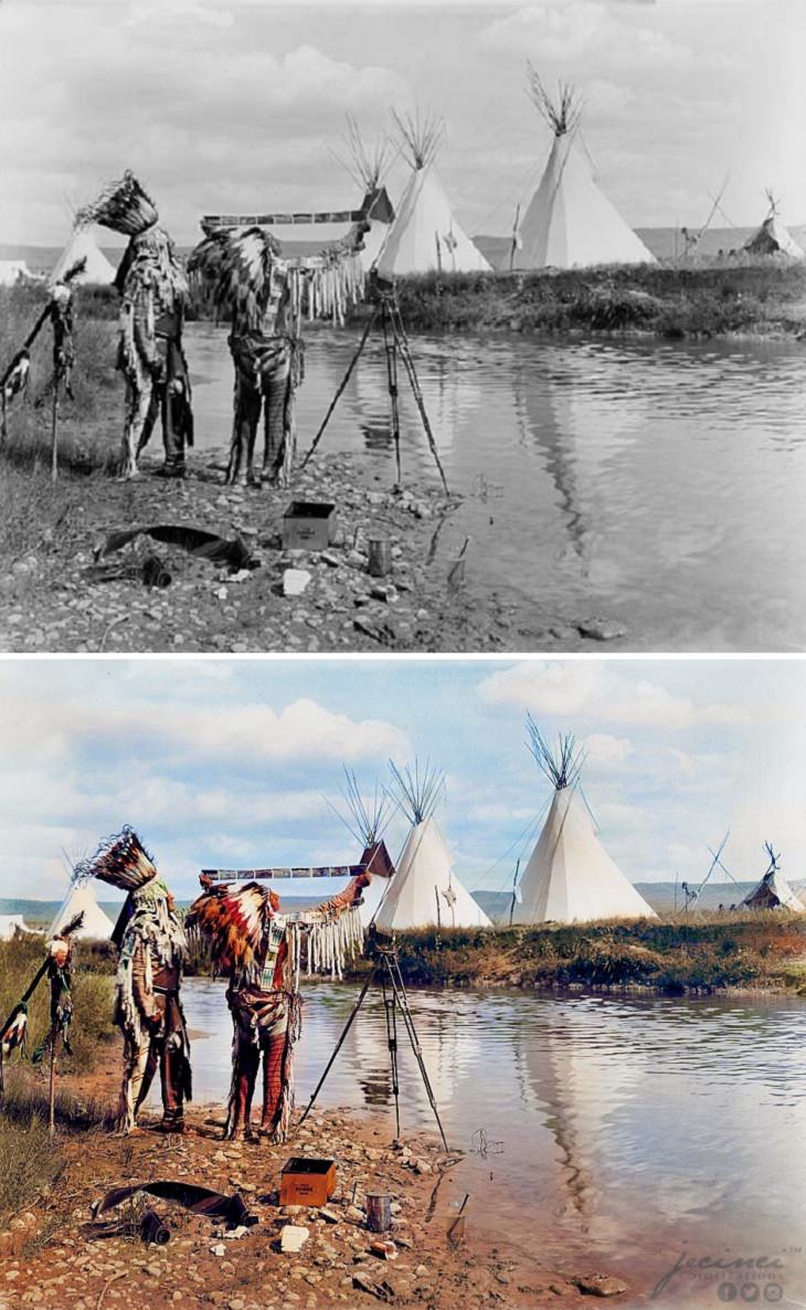 Historic moments in black and white photographs colorized, Two Native Americans looking at photographic film in 1913