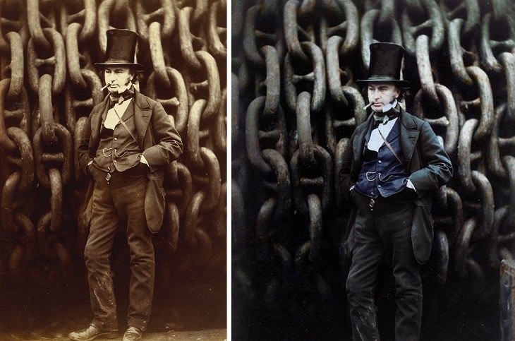 Historic moments in black and white photographs colorized, Isambard Kingdom Brunel, one of the great figures in Engineering history, Standing Before the Launching Chains of the Great Eastern in 1857