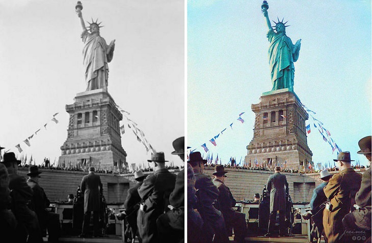 Historic moments in black and white photographs colorized, President Franklin Delano Roosevelt’s address on the 50th anniversary of the Statue of Liberty. October 28, 1936