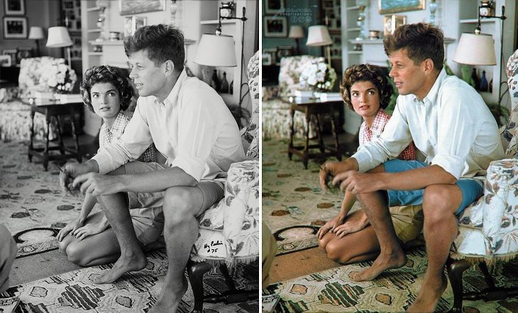 Historic moments in black and white photographs colorized, A Newly engaged John F. Kennedy & Jacqueline Bouvier in Cape Cod, on July 4th 1953