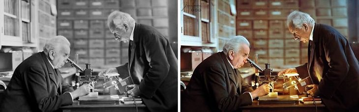 Historic moments in black and white photographs colorized, Louis (Left) and Auguste (Right), The Lumière Brothers In Their Laboratory in Lyon, France, in 1925