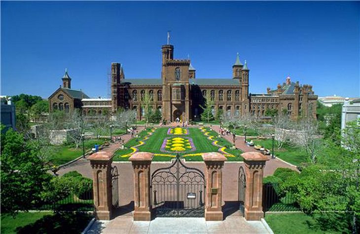buildings, monuments, memorials and gardens from the National Mall and Memorial Parks in Washington DC, The Enid A. Haupt Garden, a beautiful public garden adjacent to the Castle, stretching across 4.2 acres