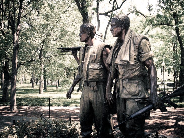 buildings, monuments, memorials and gardens from the National Mall and Memorial Parks in Washington DC, The Three Soldiers, part of the Vietnam Veterans Memorial, created by Frederick Hart