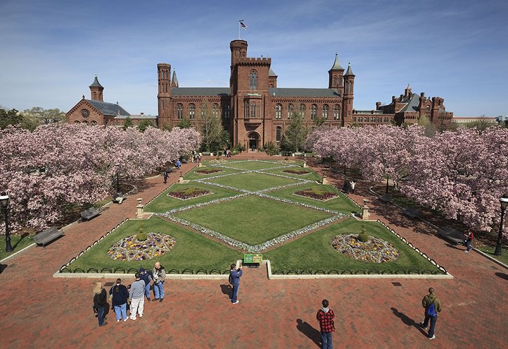 buildings, monuments, memorials and gardens from the National Mall and Memorial Parks in Washington DC, The Enid A. Haupt Garden, a beautiful public garden adjacent to the Castle, stretching across 4.2 acres