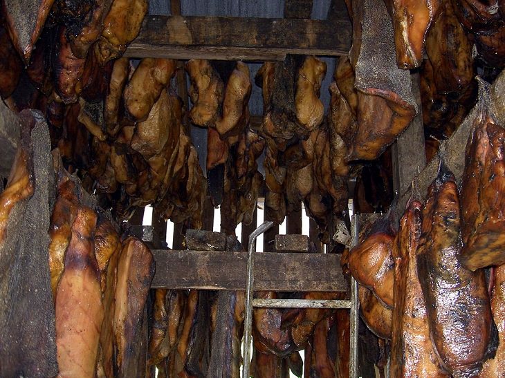 Strange, weird, odd and unusual foods, recipes and ingredients from different countries around the world, Hákarl, a national dish of Iceland made from fermented sleeper sharks left out to dry for 4 to 5 months