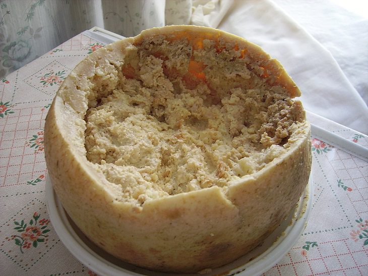Strange, weird, odd and unusual foods, recipes and ingredients from different countries around the world, Casu Maarzu, translates to “rotten cheese”, an over-curdled cheese made from Sardinian sheep milk that are fermented by introducing live insect larvae to the milk while curdling