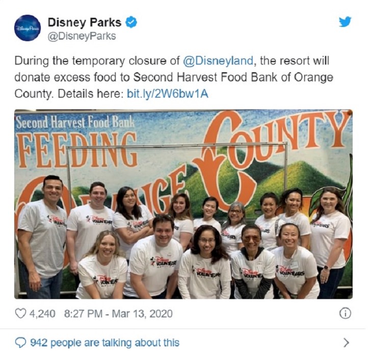 Heroes, positive moments and acts of kindness found all over the world in the midst of the Coronavirus lockdowns, quarantines and self-isolation,Disneyland, for the period of its temporary closure, will be donating all excess food to a food bank. Walt Disney World followed suit soon after