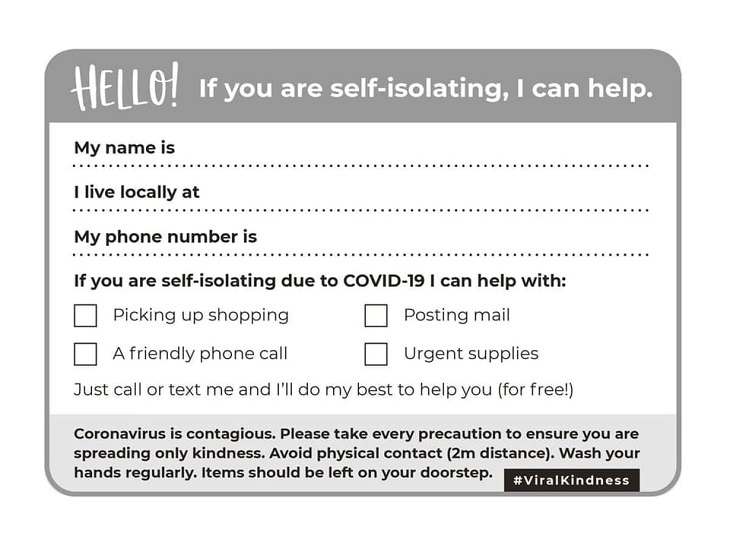 Heroes, positive moments and acts of kindness found all over the world in the midst of the Coronavirus lockdowns, quarantines and self-isolation,This woman in Falmouth, Massachusetts, created a post card that people could share within their community so isolated people could ask for help from those willing