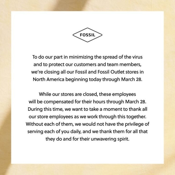Heroes, positive moments and acts of kindness found all over the world in the midst of the Coronavirus lockdowns, quarantines and self-isolation,Fossil, well known American watch and leather company, shut its doors for two weeks and made sure their employees knew they would be taken care of in that time