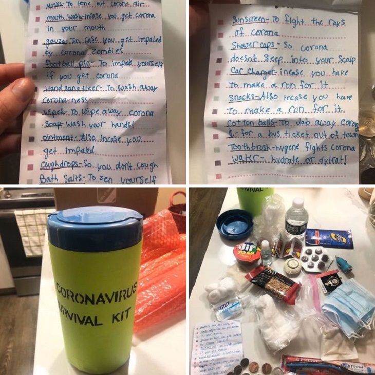 Heroes, positive moments and acts of kindness found all over the world in the midst of the Coronavirus lockdowns, quarantines and self-isolation,This sweet 11 year old sent his father’s co-worker a funny but still helpful Coronavirus Survival Kit