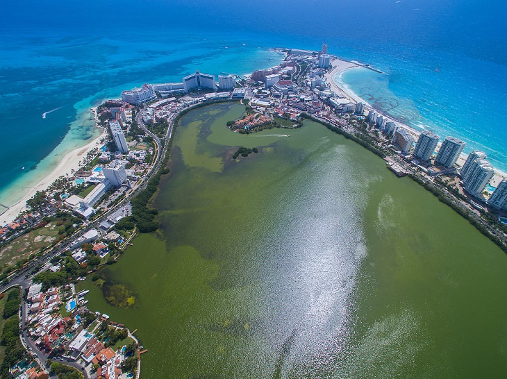 Photographs from Cancun, Mexico near the Caribbean Sea, filled with beaches and historic Mayan Civilization archaeological sites, aerial shot of cancun