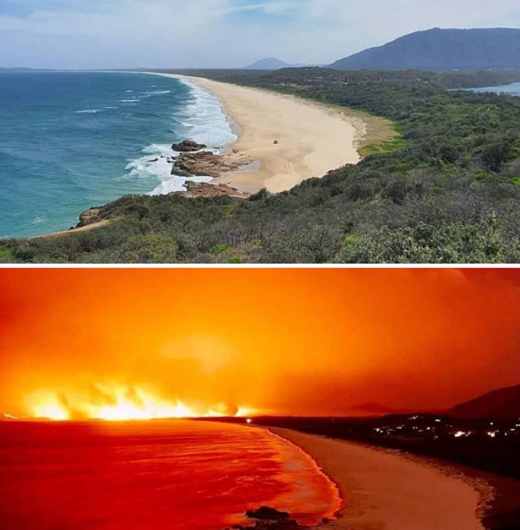 Photographs that show comparisons of things and occurrences in nature, The shores of Port Macquarie 1 week before a wildfire (left) and during the wildfire (right)