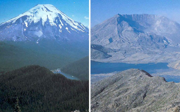 Photographs that show comparisons of things and occurrences in nature, Mountain St. Helen before and after the volcanic eruption in 1980 turned it into a wasteland
