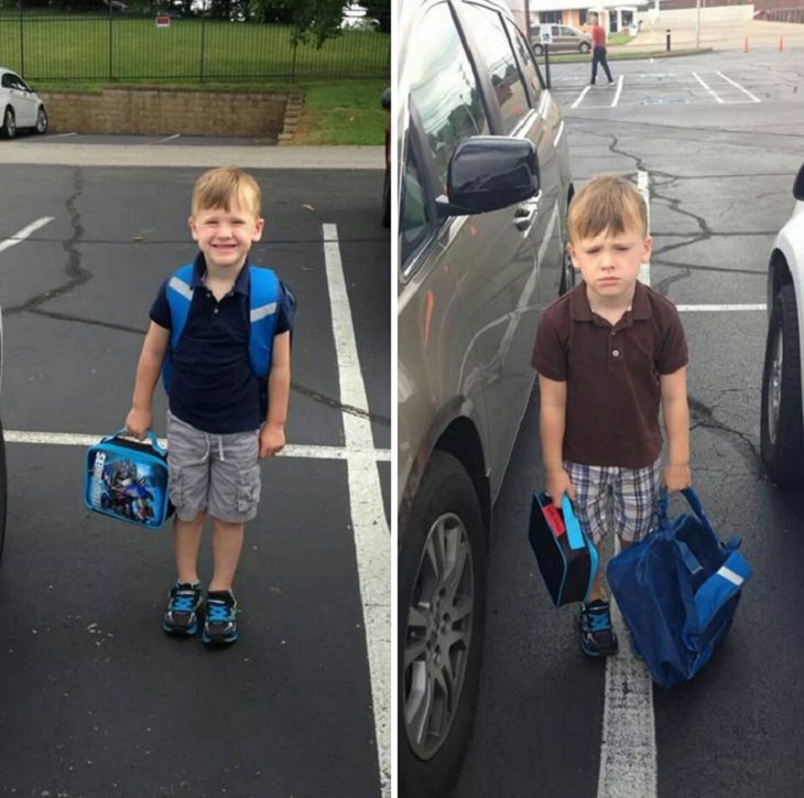 Photographs that show comparisons of things and occurrences in nature, First day of school (left) versus second day of school (right)