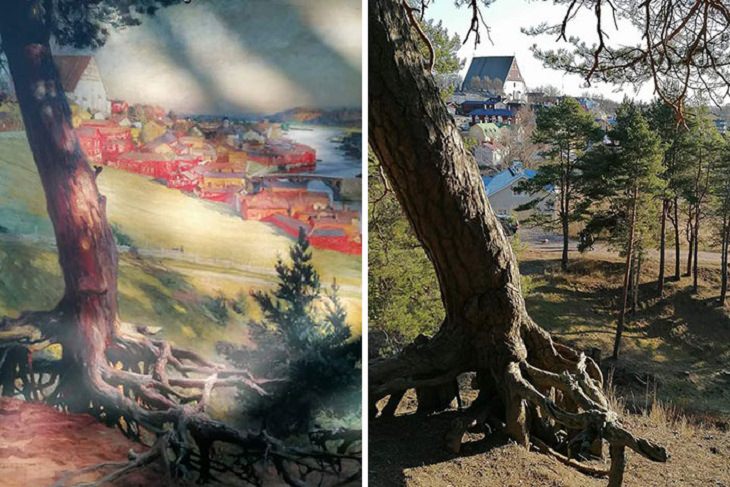 Photographs that show comparisons of things and occurrences in nature, An old spot in Poorvoo, a popular tourist destination in Finland as depicted in a painting from 1892 (left) and in a photograph taken in 2020 (right)
