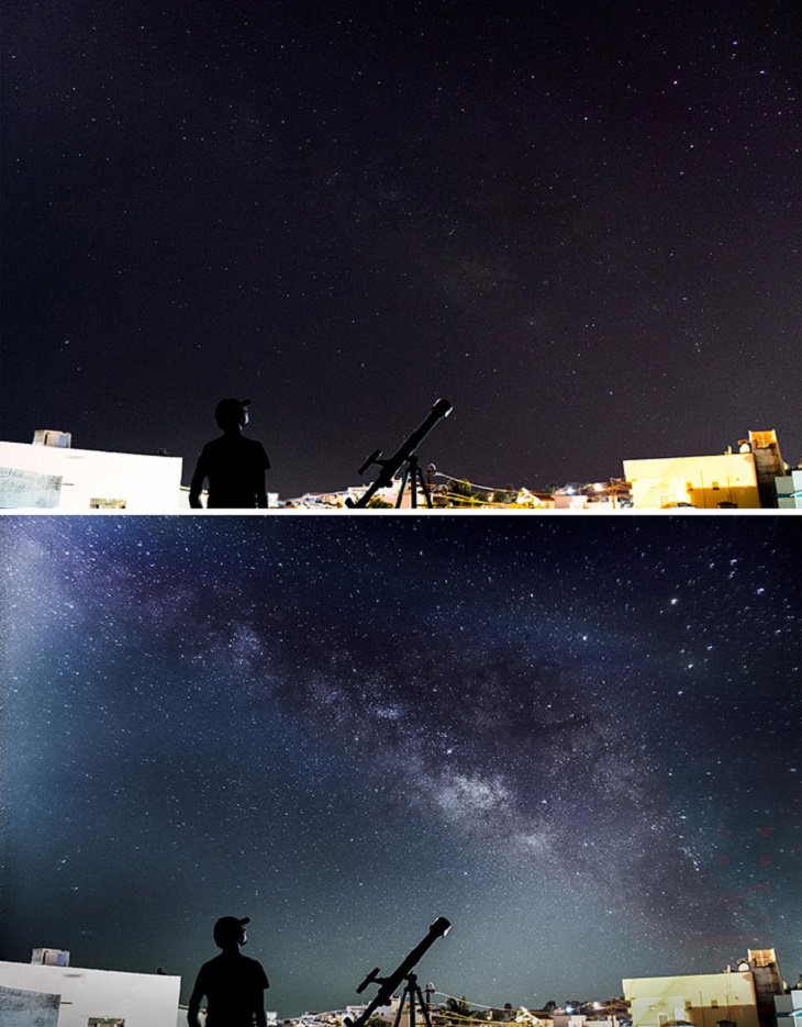 Photographs that show comparisons of things and occurrences in nature, 1 Exposure versus 120 + exposures of the night sky lined up together