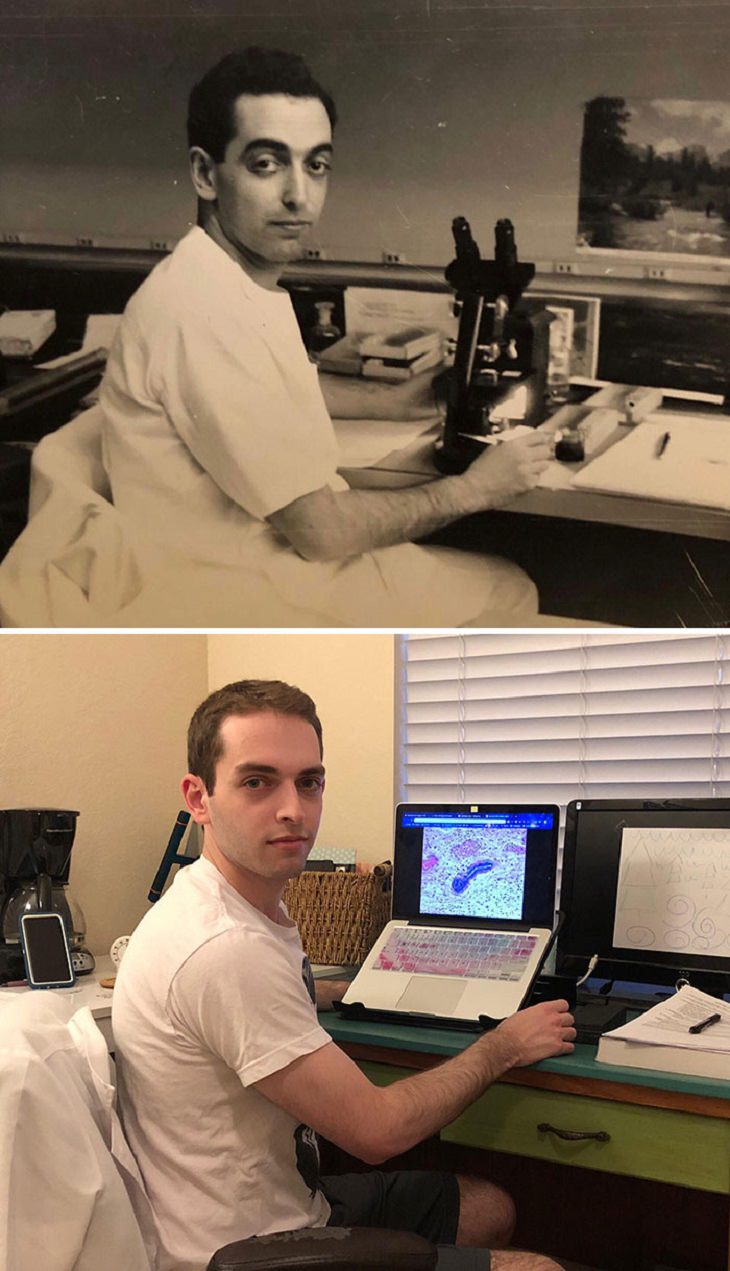 Photographs that show comparisons of things and occurrences in nature, A grandfather (top) and his equally exhausted grandson in medical school 70 years apart