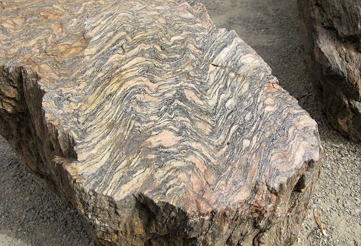 Normal or ordinary sedimentary, igneous and metamorphic rocks with beautiful patterns and colors, Gneiss, a metamorphic rock formed from rocks like granite and sandstone
