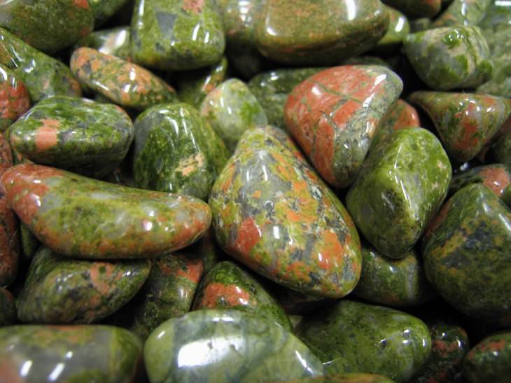 Normal or ordinary sedimentary, igneous and metamorphic rocks with beautiful patterns and colors, Unakite, a rock found mostly in North America, formed from altered granite
