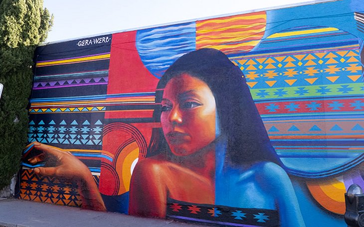 The best and most beautiful street art murals in all states across the United States of America, that send messages of culture, history and community, New Mexico, Albuquerque, Seeing Thru the Patterns, by Werc, Isaias Crow and Geraluz