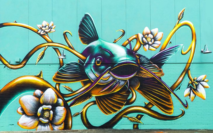 The best and most beautiful street art murals in all states across the United States of America, that send messages of culture, history and community, Louisiana, New Orleans, Project Catfish, by Ivan J. Roque
