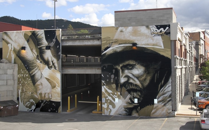 The best and most beautiful street art murals in all states across the United States of America, that send messages of culture, history and community, Montana, Helena, The Miner, by ARCY