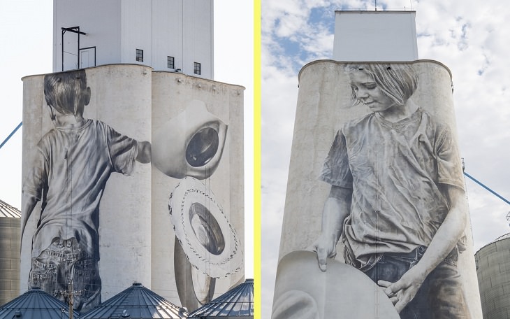 The best and most beautiful street art murals in all states across the United States of America, that send messages of culture, history and community, South Dakota, Faulkton, Agtegra Grain Elevator, by Guido van Helten