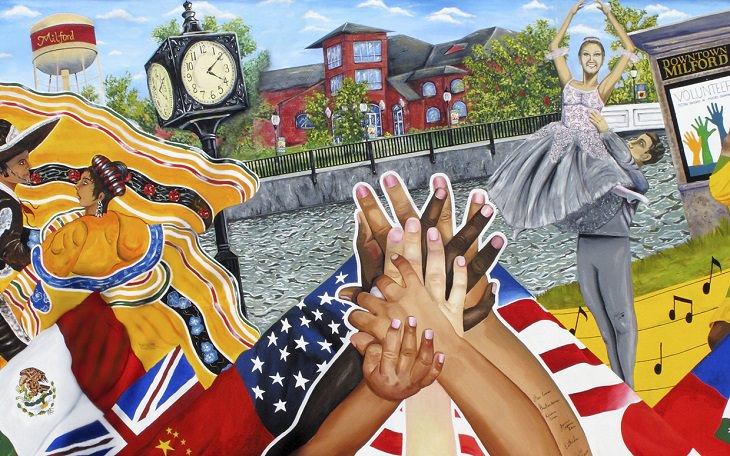 The best and most beautiful street art murals in all states across the United States of America, that send messages of culture, history and community, Delaware, Milford, We Are Milford, by Lori Conner, Gilberto Rodriguez and DeMarcus Shelborne