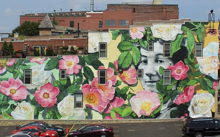 The best and most beautiful street art murals in all states across the United States of America, that send messages of culture, history and community, Iowa, Dubuque, Ada Hayden, by Gaia and Voices Production