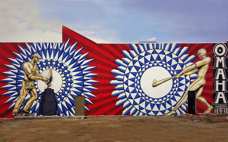 The best and most beautiful street art murals in all states across the United States of America, that send messages of culture, history and community, Nebraska, Omaha, Home Run, by Justin Queal