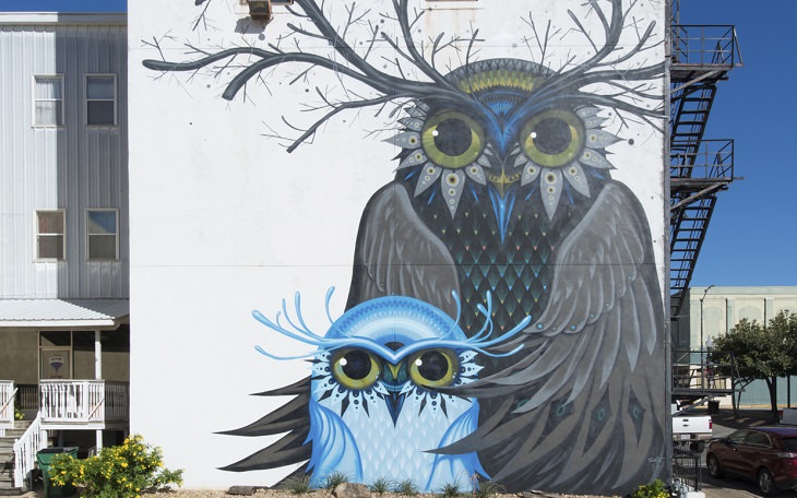 The best and most beautiful street art murals in all states across the United States of America, that send messages of culture, history and community, Texas, Brenham, Owl Family, by Jeff Soto