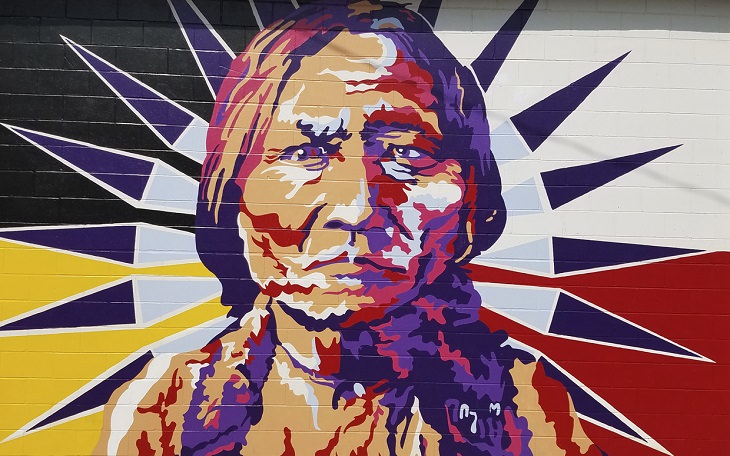 The best and most beautiful street art murals in all states across the United States of America, that send messages of culture, history and community, North Dakota, Bismarck, Sitting Bull, by Melissa Gordon
