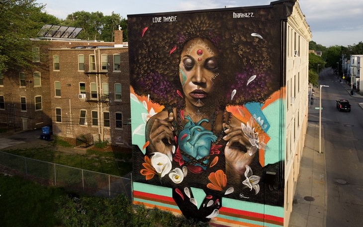 The best and most beautiful street art murals in all states across the United States of America, that send messages of culture, history and community, Massachusetts, Boston, Love Thyself, by Victor “Marka27” Quiñonez
