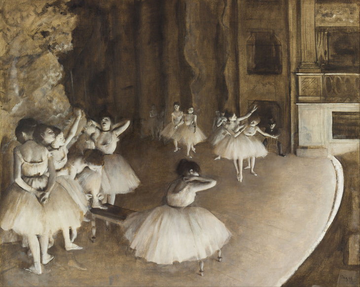 Beautiful paintings and masterpieces by French Impressionist and Realist Artist from Paris, Edgar Degas, Rehearsal on Stage, 1874