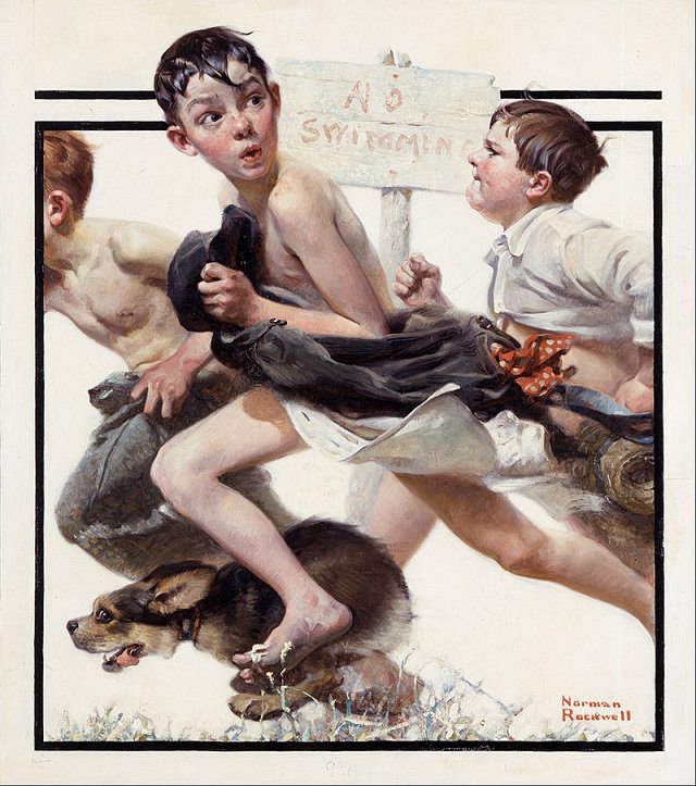 Lesser known paintings and illustrations by American artist Norman Rockwell, No Swimming, 1921