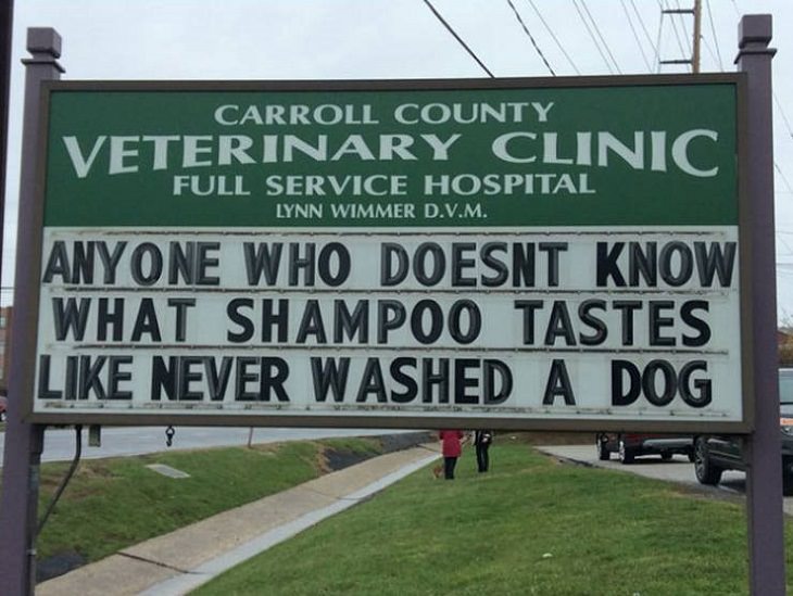 More hilarious joke, funny lines and clever anecdotes and puns found on signs outside Veterinary clinics, anyone who hasn’t tasted shampoo has never bathed a dog