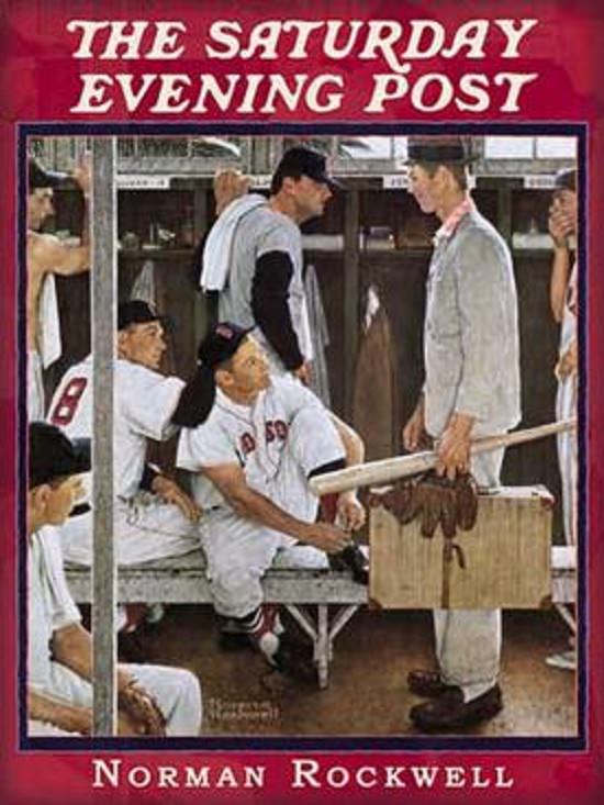 Lesser known paintings and illustrations by American artist Norman Rockwell, The Rookie or The Rookie (Red Sox Locker Room), 1957