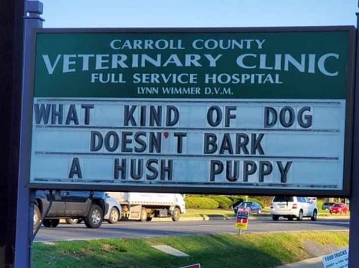 More hilarious joke, funny lines and clever anecdotes and puns found on signs outside Veterinary clinics, What kind of dog doesn’s bark? A hush puppy
