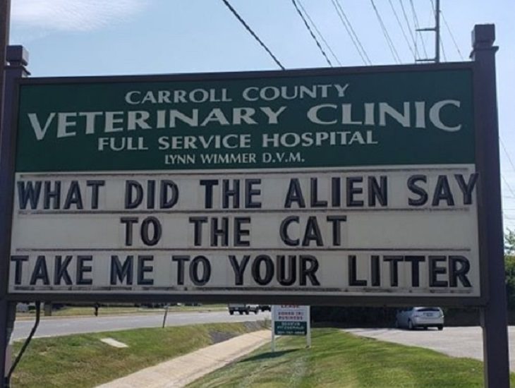 More hilarious joke, funny lines and clever anecdotes and puns found on signs outside Veterinary clinics, Aliens ask cats to take them to their litter