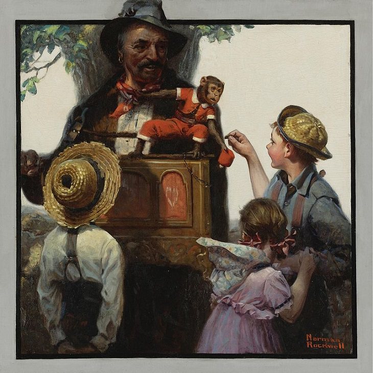 Lesser known paintings and illustrations by American artist Norman Rockwell, The Organ Grinder, 1920