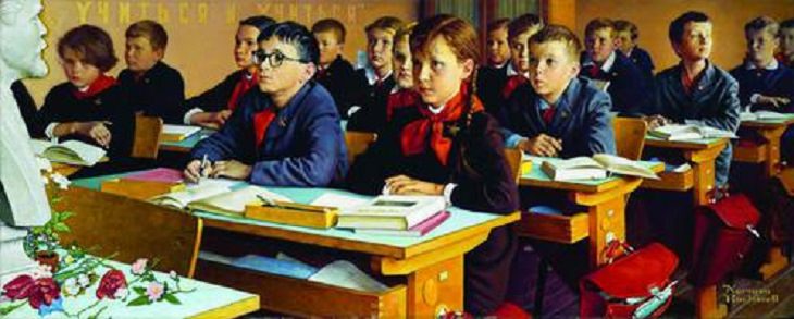 Lesser known paintings and illustrations by American artist Norman Rockwell, Russian Schoolroom, also known as The Russian Classroom and Russian Schoolchildren, 1967