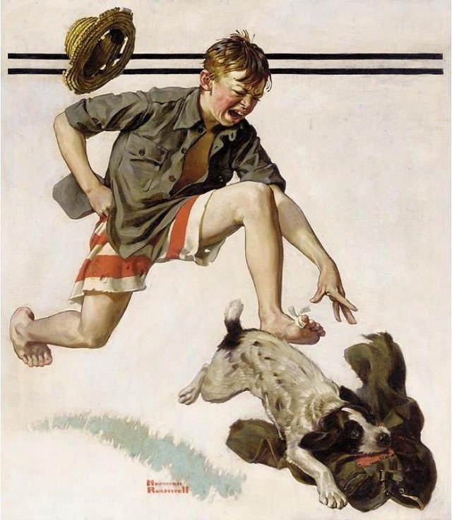 Lesser known paintings and illustrations by American artist Norman Rockwell, Runaway Pants, 1919