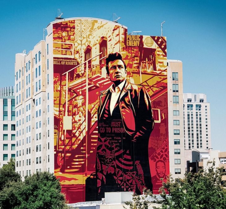 The best and most beautiful street art murals in all states across the United States of America, that send messages of culture, history and community, California, Sacramento, Johnny Cash, by Shepard Fairey