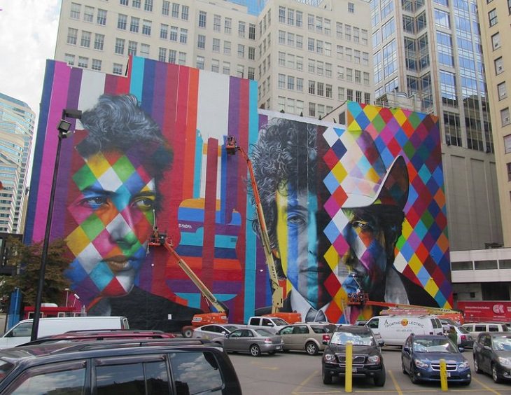 The best and most beautiful street art murals in all states across the United States of America, that send messages of culture, history and community, Minnesota, Minneapolis, The Times They Are A-Changin', by Eduardo Kobra