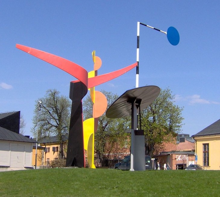 Famous sculptures and works of art from 20th Century American artist and sculptor, Alexander Calder, The Four Elements (1961), Moderna Museet, installation at the entrance of the museum