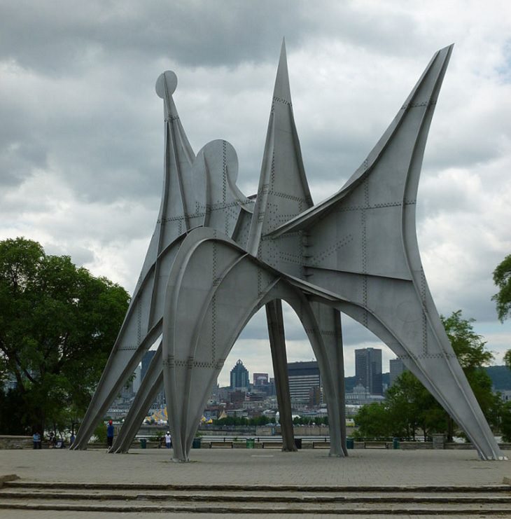 Famous sculptures and works of art from 20th Century American artist and sculptor, Alexander Calder, Trois disques, a sculpture for Expo 67, on Saint Helen's Island Parc Jean-Drapeau, Montreal, in Quebec, Canada