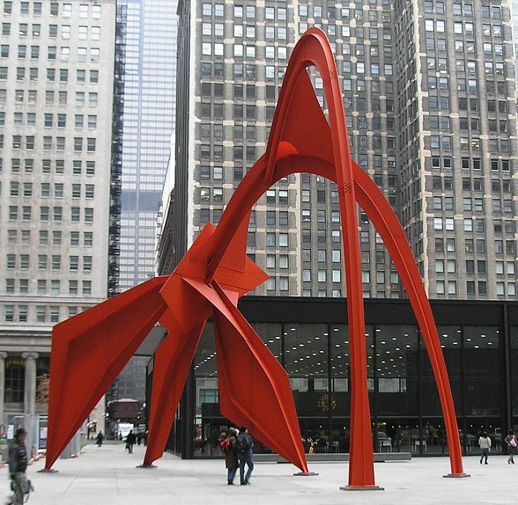 Famous sculptures and works of art from 20th Century American artist and sculptor, Alexander Calder, Flamingo (1953), Federal Plaza, Chicago, Illinois