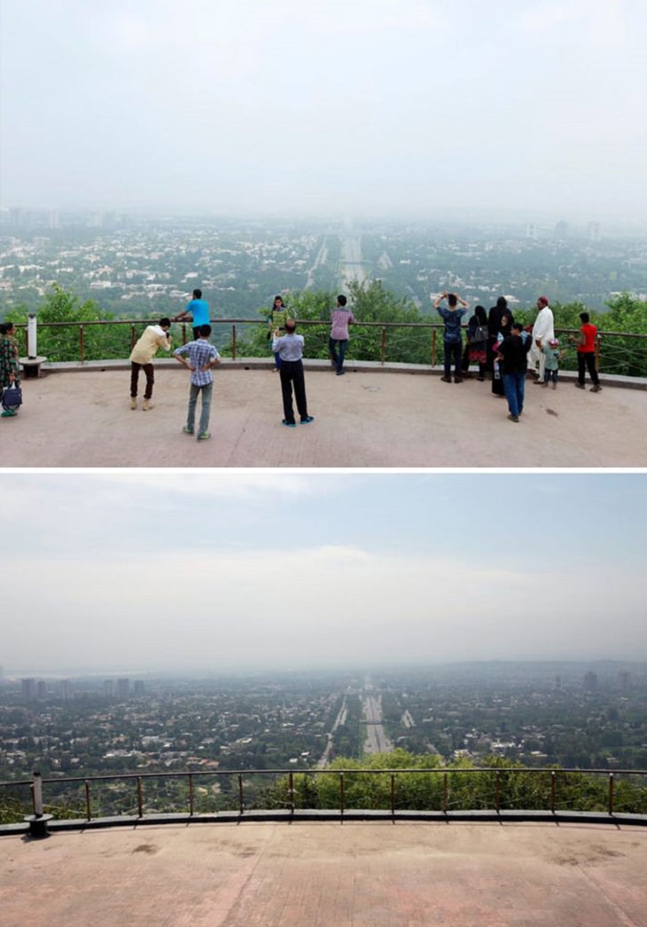 Before and After pictures that show comparisons of the reduced air pollution in cities around the world during the COVID-19 quarantine and lockdown, Islamabad, Pakistan