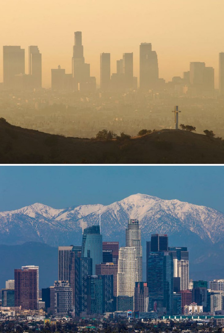 Before and After pictures that show comparisons of the reduced air pollution in cities around the world during the COVID-19 quarantine and lockdown, Los Angeles, California